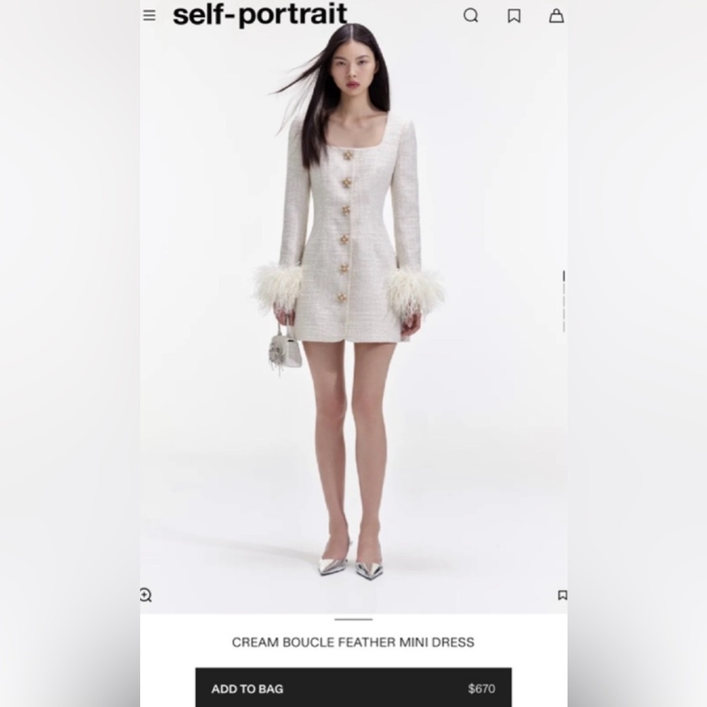 Self-Portrait Ivory Cream Boucle Feather Cuff Mini Dress NWT white shimmer 6